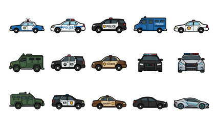 Police car icons and law enforcement transport vehicle illustrations © rama coloring studio
