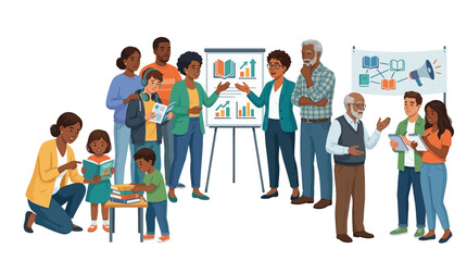 Obraz premium Diverse group of adults and children gathered around a presentation on an easel in a collaborative meeting setting with a white background and a mix of casual and business attire.