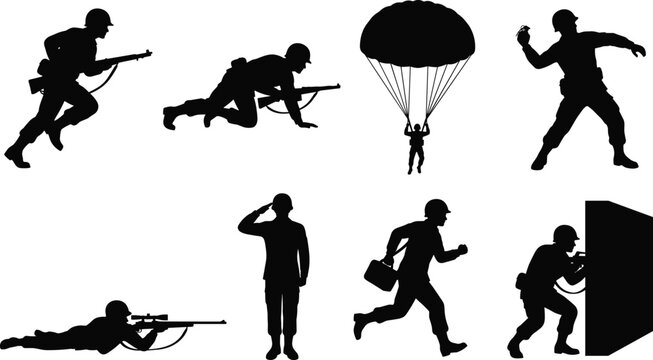 Military Soldier Combat Action Silhouette Icons Vector Bundle Set for War and Defense Design