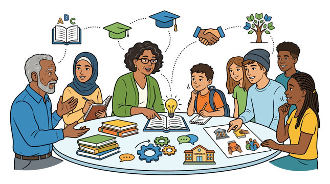Diverse group of people sitting around a table with educational materials and icons, collaborating in a lively discussion with a mix of learning and teamwork.