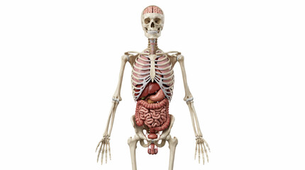 Detailed illustration of a human skeleton with internal organs exposed, standing upright against a plain white background. © Andin