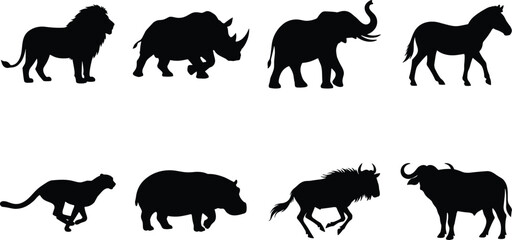 Silhouette collection of iconic African wildlife animals including lion, elephant, zebra, and rhinoceros © MstSaleha