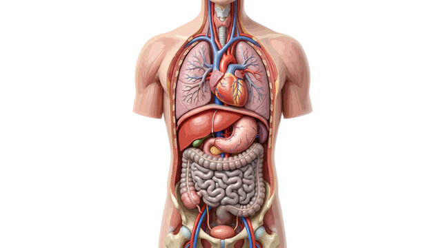 Detailed illustration of the human torso showing internal organs including the digestive system on a plain white background.