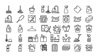 Fototapeta premium Professional House Cleaning Service Line Icon Pack Featuring Laundry Hygiene and Home Maintenance Vector