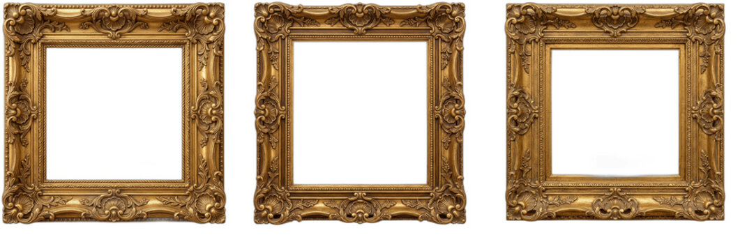 Three Antique Gold Picture Frames Isolated on Transparent Background, Vintage Ornate Baroque Golden Photo Frame Set Vector PNG