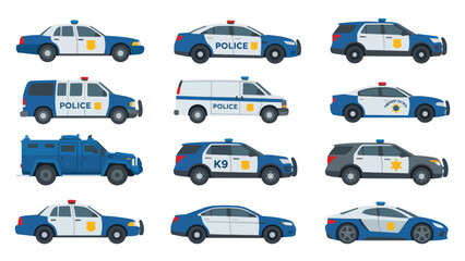 Flat vector collection of various police cars and patrol vehicles © rama coloring studio