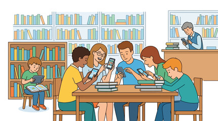Illustration of a group of students studying together at a wooden table in a library with bookshelves and a woman reading in the background. © Muj
