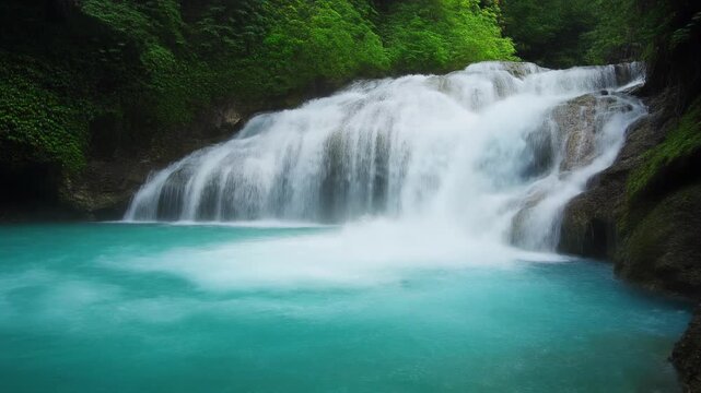 Turquoise pool at lush jungle waterfall