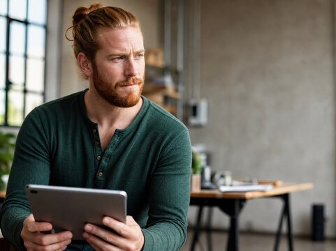 Generative AI, Thoughtful man holding digital tablet in industrial loft space