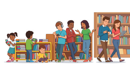 Illustration of diverse group of children and adults browsing and reading books in a library with colorful bookshelves © Nur