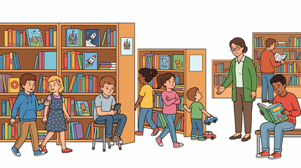 Illustration of diverse group of children and adults interacting in a library with bookshelves and a welcoming atmosphere. © Nur