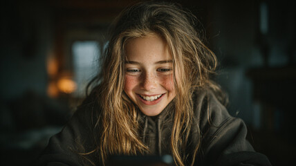 Obraz premium Happy tween girl laughing at smartphone