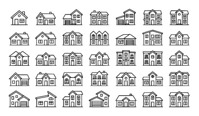 Fototapeta premium Neighborhood House Outline Icon Set with Residential Building Vector Illustrations