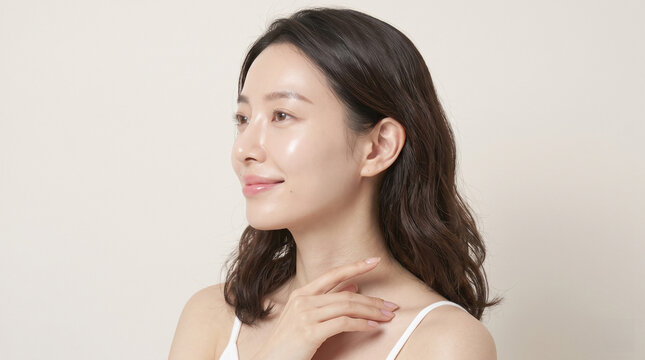 Profile portrait of a beautiful Japanese woman with glowing skin touching her collarbone