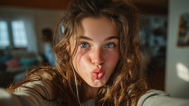 Tween girl making funny duck face selfie