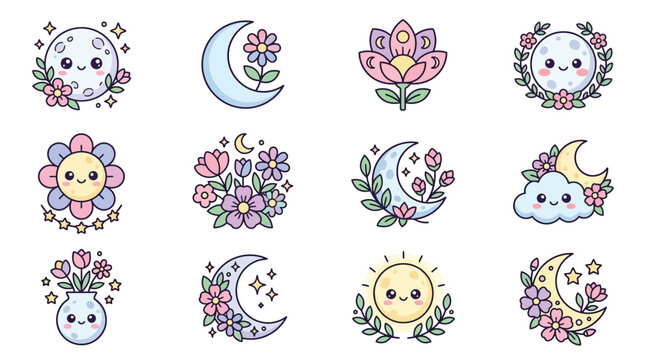 Cute Kawaii Celestial and Floral Illustrations Collection