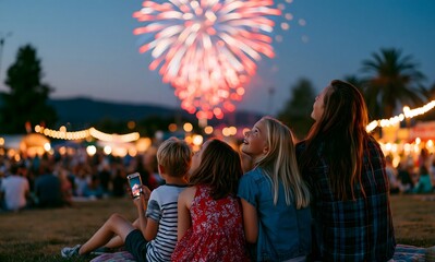 Fototapeta premium Family of five watching a Fourth of July fireworks show in Stumptown Park in Matthews