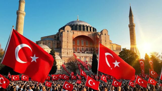 Huge Crowd Waving Turkish Flags in Front of Hagia Sophia Mosque During 29 October Republic Day Celebration