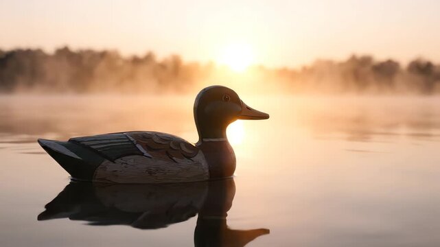 Cinematic close up of a wooden duck decoy bobbing on a calm misty lake at sunrise with fog rolling over the water