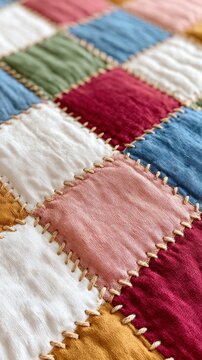 A close-up of a patchwork quilt texture, with stitched square fabric swatches in muted red, pink, blue, green, yellow and off-white, connected by visible light-colored hand stitches.

