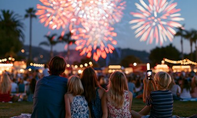 Obraz premium Family of five watching a Fourth of July fireworks show in Stumptown Park in Matthews