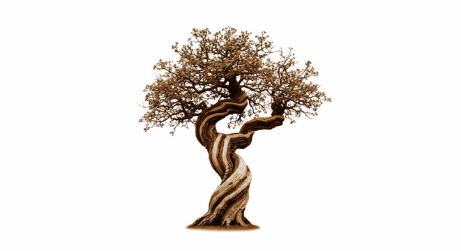 Twisted brown tree with green leaves