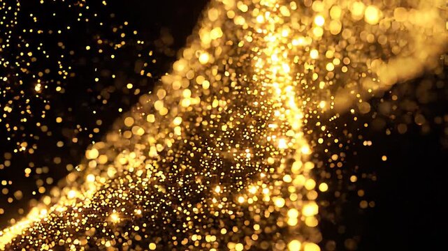 Glowing golden particles sparkle and swirl in a mesmerizing display of light and motion at night.