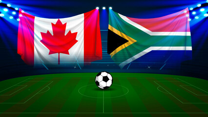 Fototapeta premium Canadian and South African flags hanging on soccer stadium with ball