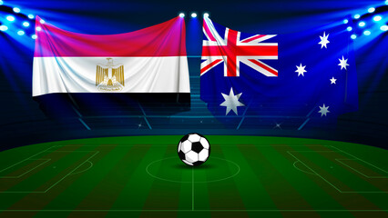 Fototapeta premium Egypt versus Australia soccer match with flags and ball on green field
