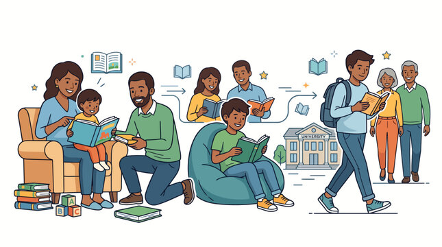 Illustration of diverse people of various ages reading books and using tablets in different settings with a clean white background and a mix of vibrant and muted colors.