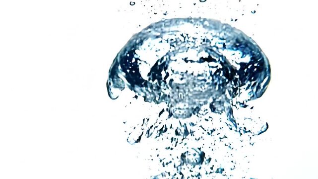 A clear water splash forms a large droplet with smaller droplets falling from it in mid-air.