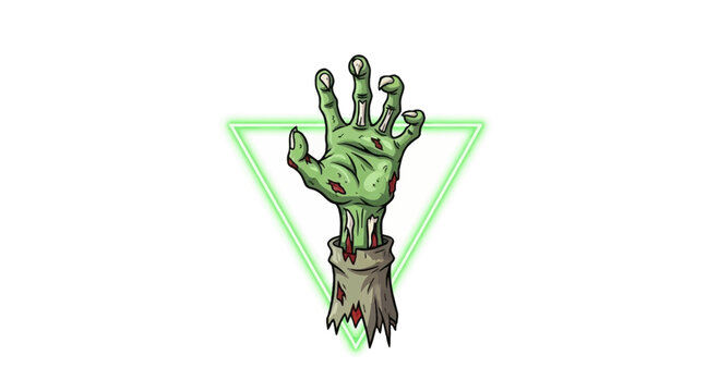 Zombie Hand Emerging from Ground with Neon Triangle - Horror Concept