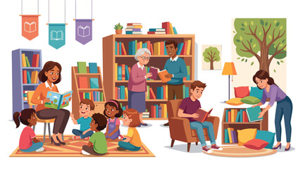 Illustration of diverse children and adults reading books together in a cozy library with colorful bookshelves and warm lighting. © Gali