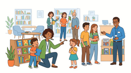 Illustration of diverse group of people interacting in a library with bookshelves and plants around them in a friendly and educational setting. © Gali