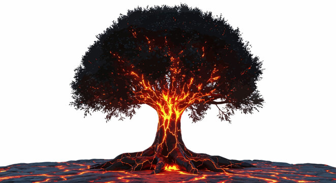 Tree on fire with lava flowing from trunk