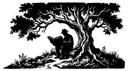 Silhouette of a man reading a book while sitting under a large tree.