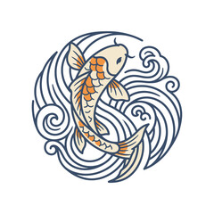 Obraz premium Stylized Japanese Koi Fish Illustration in Circular Wave Pattern.