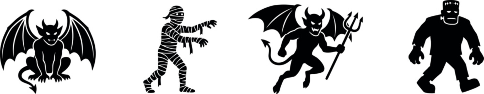 Halloween day monster silhouettes devil mummy demon and frankenstein vector
