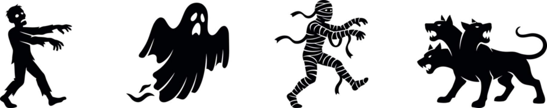 Halloween day silhouettes zombie ghost mummy and cerberus vector graphics