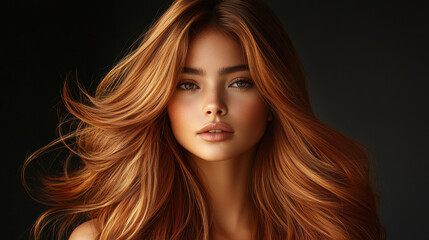 Fototapeta premium The image features a young woman with long, flowing hair that transitions from a rich, warm copper tone to a lighter, golden hue