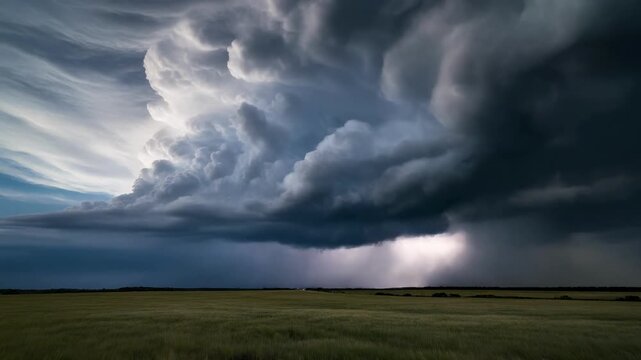 Mammatus storm clouds over a vast green field with distant rain shaft