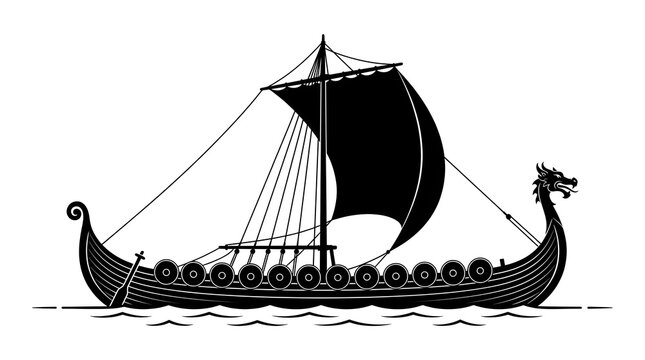 Silhouette of a historic Viking longship with a dragon head bow, shields, and sail on waves.