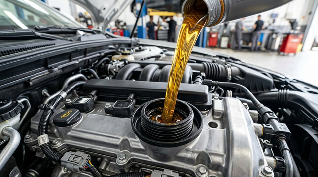Fresh golden synthetic motor oil being poured into a car engine from a plastic bottle during a routine oil change service in a professional automotive repair shop with mechanics.