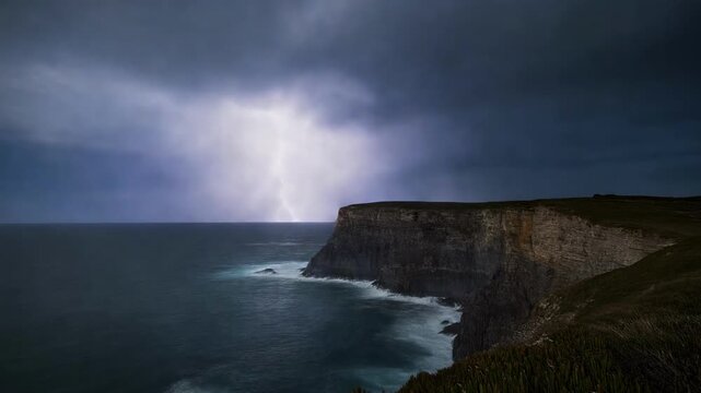 Dramatic coastal cliffs at twilight with stormy dark clouds