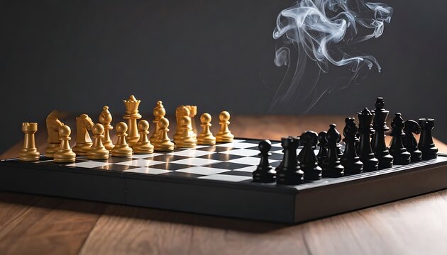 chess board with pieces and smoke.