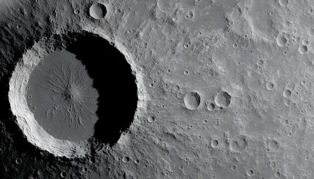 Detailed close-up view of moon craters on the surface during the August full moon supermoon event, presenting an astronomical exploration concept with dramatic shadows