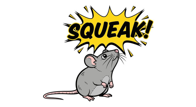 Cute cartoon mouse squeaking with speech bubble, isolated on white background.