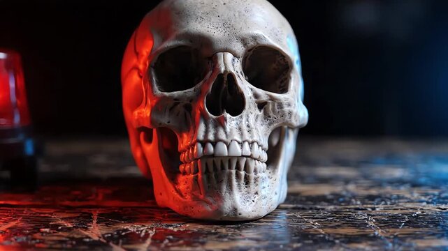 Close up view of a human skull replica on aged wooden table with shifting blue and red police light reflections