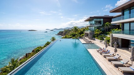 Fototapeta premium Stunning luxury infinity pool overlooking a turquoise tropical ocean at a modern Caribbean villa with sun loungers and expansive architectural design on a sunny day