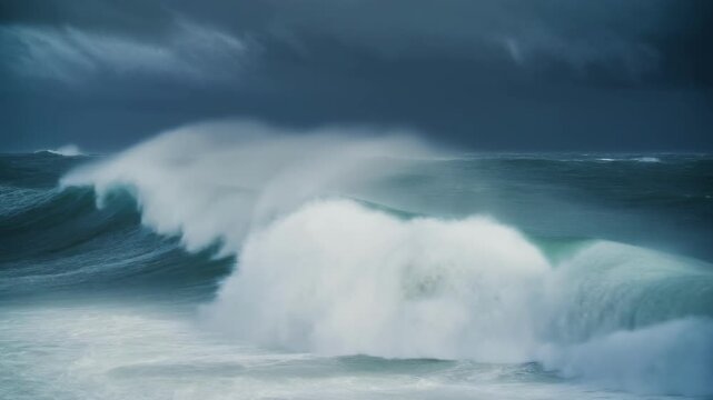 Turbulent ocean waves under dark stormy skies